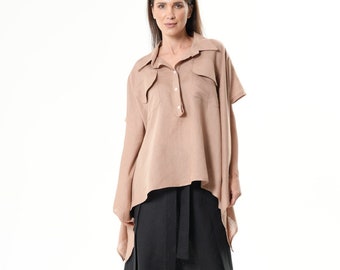 Loose Linen Shirt In Camel / Asymmetric Brown Linen Top METT0264