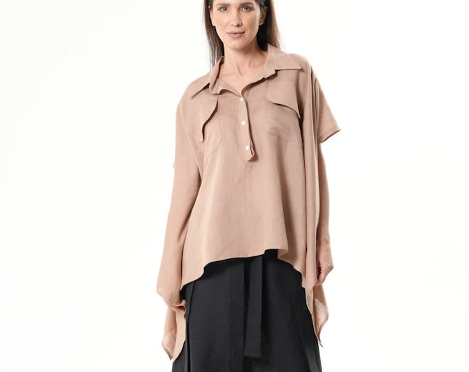 Loose Linen Shirt In Camel / Asymmetric Brown Linen Top METT0264