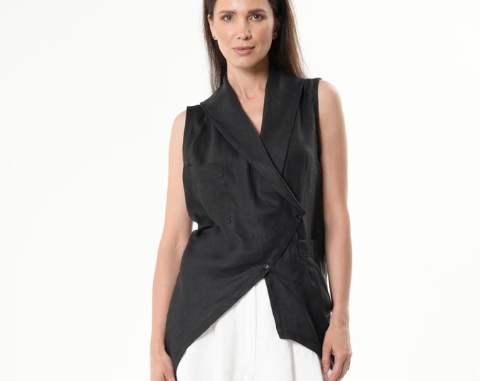 Black Linen Top / Asymmetrical Linen Vest - METT0260