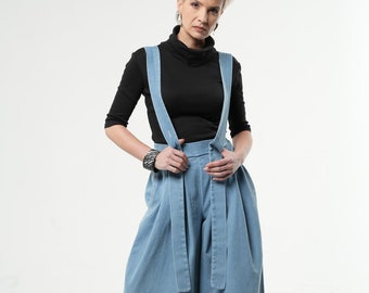 Wide-Leg Denim Pants / Oversized Light Blue Jeans / Full-Length Wide-Leg Pants With Suspenders / Denim Jumpsuit