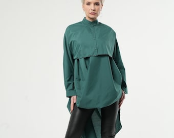 Asymmetric Long Shirt  / Cotton Maxi Tunic In Green / Extravagant Belted Tunic Top