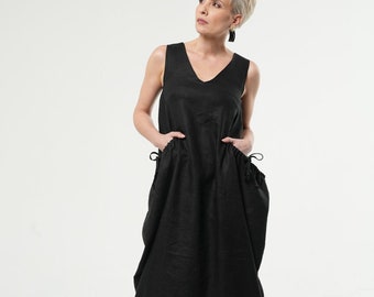 Long Linen Black Dress / V-Neck Sleeveless Dress With Oversized Pockets