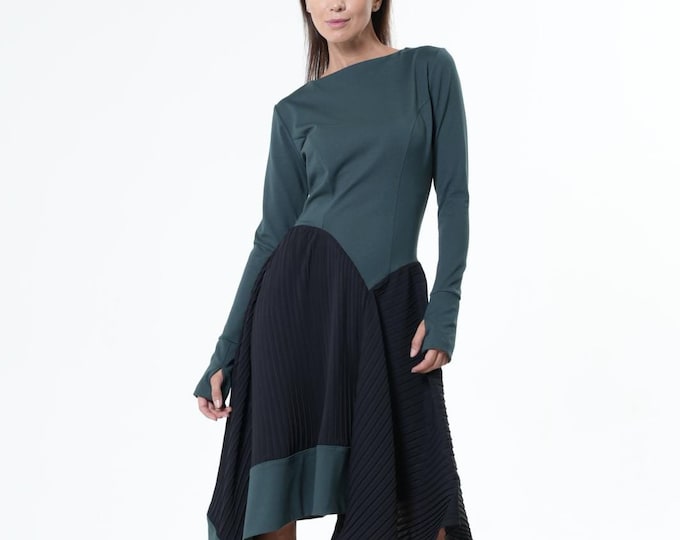 Asymmetric Dress In Petrol With Pleated Chiffon Layer  METD0134