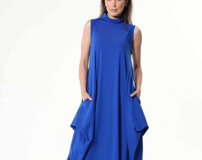 Sleeveless Cotton Dress In Royal Blue/ Asymmetric Loose Dress METD0240