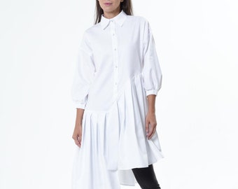 Asymmetric Cotton Shirt With 3/4  sleeves / White Pleated Tunic Top - METT0265
