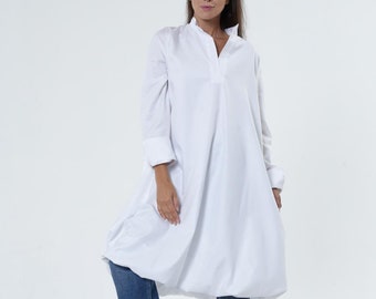 White Cotton Tunic Dress: Long Sleeve A-Line Shirt