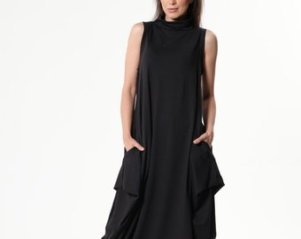 Sleeveless Cotton Dress In Black / Asymmetric Maxi Dress METD0240