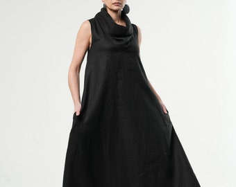 Sleeveless Linen Dress / Black Large Collar Dress / Summer Linen Dress METD0233