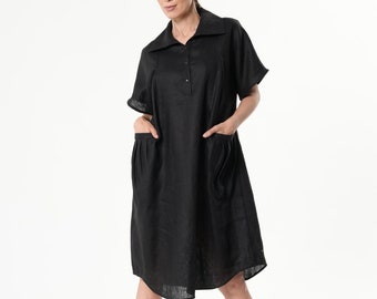Linen Midi Black Dress / Linen Shirt Dress With Pockets - METD0238