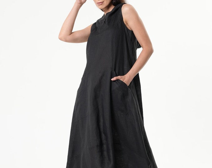 Black Linen Dress With Hood - METD0236