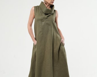 Maxi Linen Sleeveless Dress / Long Dress With Large Collar / Linen Dress In Khaki