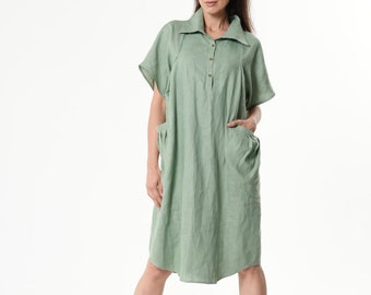 Midi Linen Dress / Linen Shirtdress In Green - METD0238