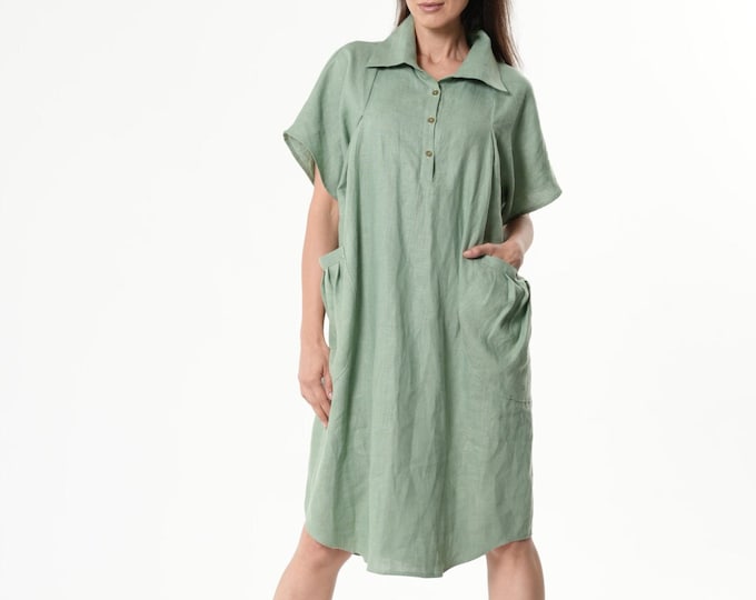 Midi Linen Dress / Linen Shirtdress In Green - METD0238