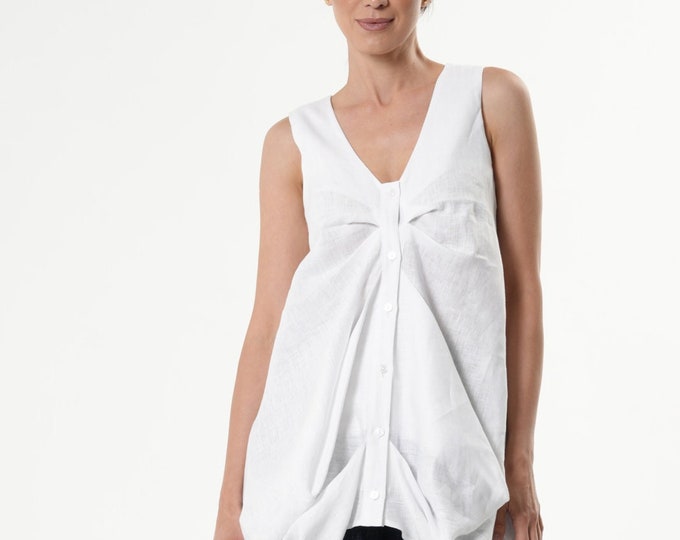 White Linen Top With Buttons / Sleeveles Linen Top / Draped Summer Tunic METT0262