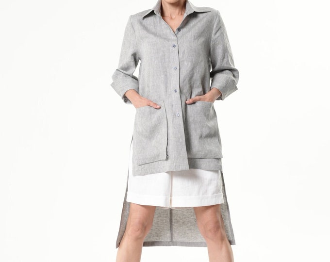 Asymmetric Linen Shirt In Gray / Linen Long Top  - METSh0034