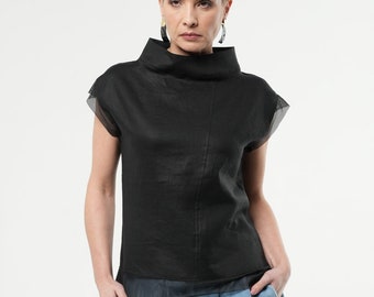 Turtleneck Linen Top / Black Linen Blouse / Casual Top With Mesh Details METT0258