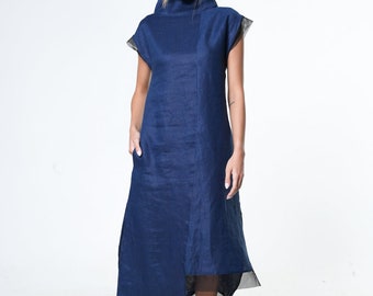 Blue Linen Dress / Asymmetrical Dress With Turtleneck / Handmade Natural Linen Dress METD0219