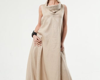 Large Collar Linen Dress / Beige Linen Long Dress / Sleeveless Summer Dress