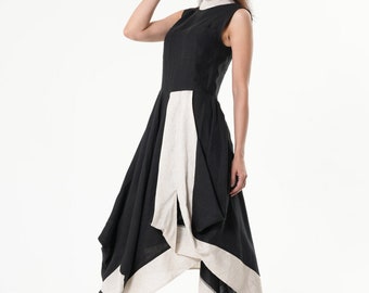 Long Linen Dress In Black and Beige - METD0218
