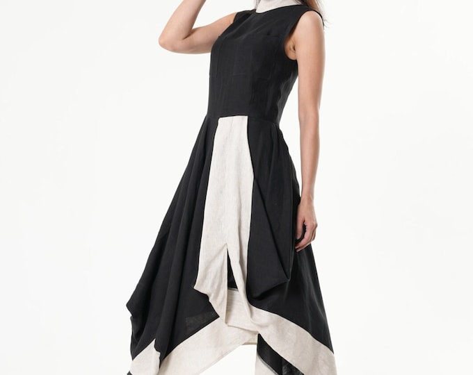 Long Linen Dress In Black and Beige - METD0218