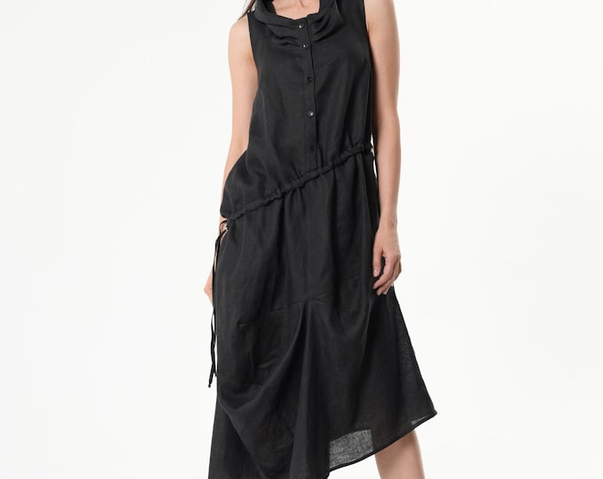 Black Linen Dress With Asymmetric Hem / Buttoned Maxi Dress - METD0237