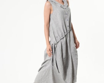 Gray Linen Dress With Asymmetric Hem - METD0237