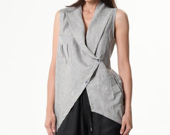 Asymmetric Linen Top / Gray Loose Linen Vest - METT0260