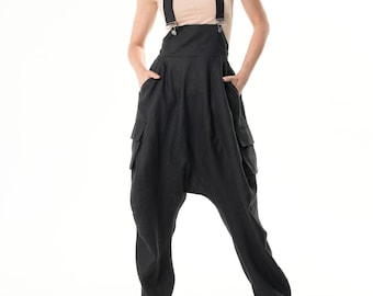 Oversize Linen Jumpsuit / Harem Pants Jumpsuit / Linen Overall In Black METP0115