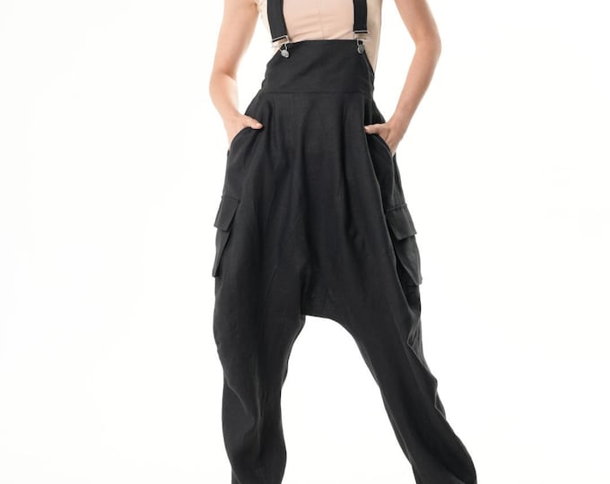 Oversize Linen Jumpsuit / Harem Pants Jumpsuit / Linen Overall In Black METP0115