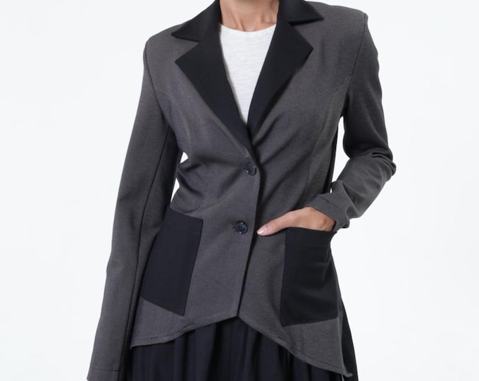 Asymmetric Blazer With Chiffon / Elegant Jacket / Autumn Coat METC0131