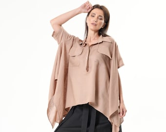 Loose Linen Shirt In Camel / Asymmetric Brown Linen Top METT0264