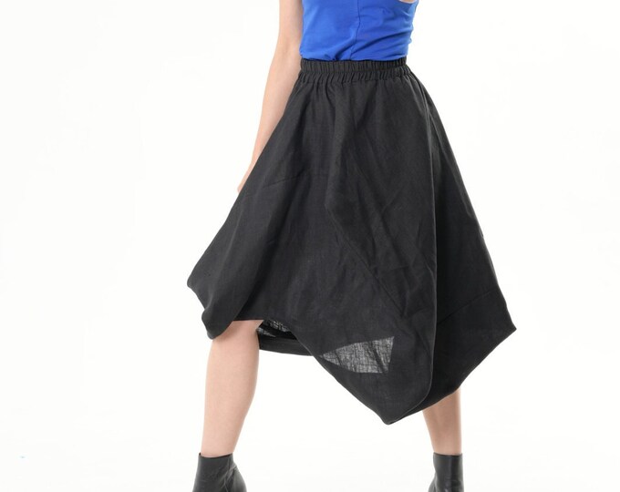Elastic Waist Linen Skirt / Black Asymmetric Skirt METSk0046