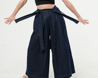 Oversized Dark Denim Pants/ Full-Length Wide-Leg Pants With Suspenders / Wide-Led Jeans / Denim Jumpsuit