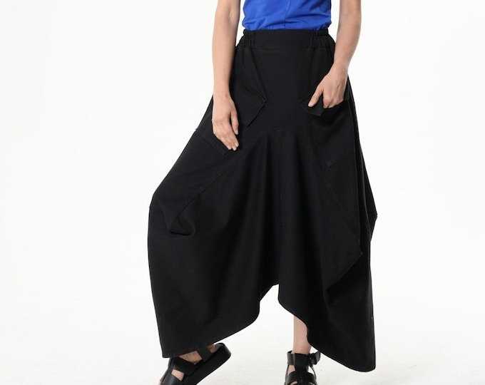 Asymmetrical Long Denim Skirt In Black / A-line Maxi Skirt - METSk0040