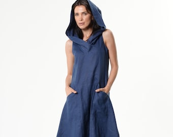 Maxi Linen Dress With Oversize Hood In Blue - METD0236