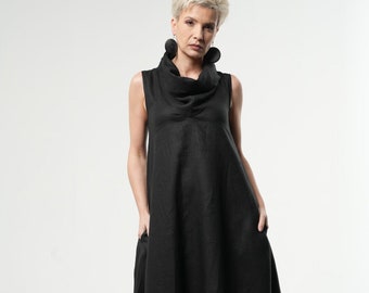 Black Linen Maxi Dress / Extravagant Large Collar Dress / Sleeveless Linen Dress