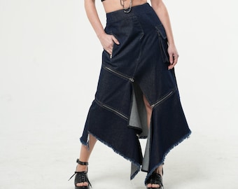 Extravagant Denim Skirt / Asymmetric Long Skirt With Zippers / Dark Denim Skirt With Raw Hem