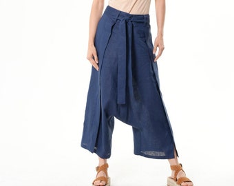 Linen Drop-Crotch Pants In Blue / Linen Harem Pants - METP0118