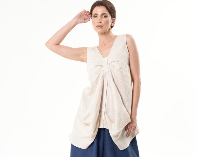 Beige Linen Top With Buttons / Linen Tunic Top / Draped Long Top METT0262
