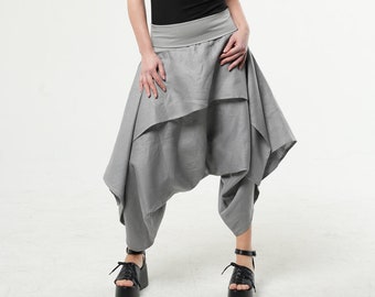 Linen Skirt Pants / Gray Harem Pants /  Linen Skirt Trousers With Elastic Waist