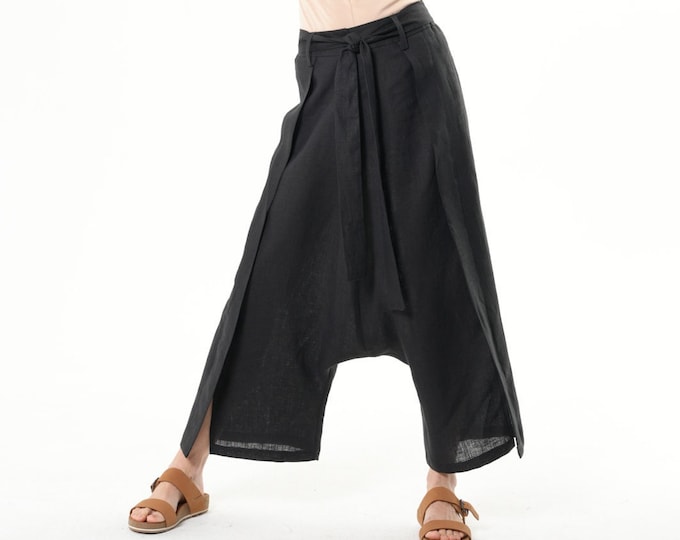 Linen Harem Pants In Black / Linen Drop-Crotch Trousers - METP0118