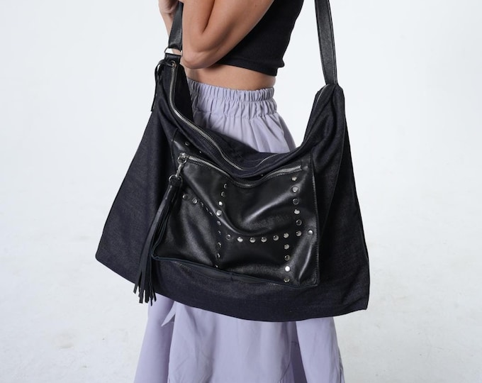 Black Leather And Denim Tote Bag / Oversized Slouchy Handbag / Extravagant Travelbag METB0051