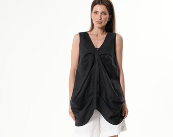 Black Linen Top With Buttons / Sleeveless Tunic Top  METT0262