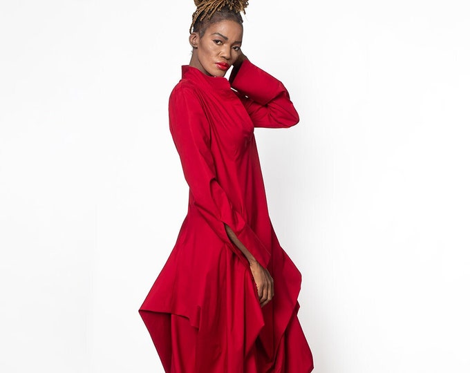 Red Oversize Shirt Dress / Valentine's Day Gift For Her / Long Red Dress / Asymmetric Collar Dress / Gift For Girfriend METD0162