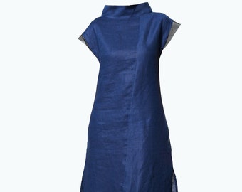 Natural Linen Dress In Navy Blue / Turtleneck Summer Dress / Asymmetrical Linen Dress