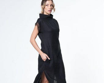 Natural Linen Black Dress / Long Linen Summer Dress / Turtleneck Black Dress