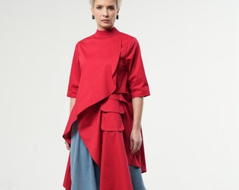 Asymmetric Red Tunic Shirt / Red Tunic Top / Long Red Tunic / Extravagant Clothing