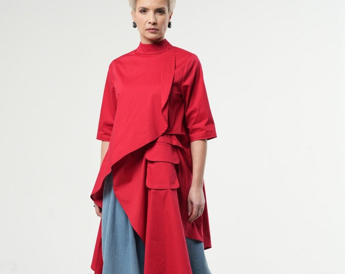 Asymmetric Red Tunic Shirt / Red Tunic Top / Long Red Tunic / Extravagant Clothing METSh0002