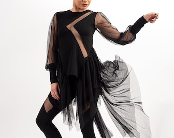 Asymmetric Tunic / Mesh Tunic / Mesh Sleeves / Asymmetrical Top / See Through Top / Bell Sleeves Blouse /Rave Outfits /Extravagant Tunic