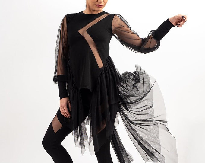 Asymmetric Tunic / Mesh Tunic / Mesh Sleeves / Asymmetrical Top / See Through Top / Bell Sleeves Blouse /Rave Outfits /Extravagant Tunic